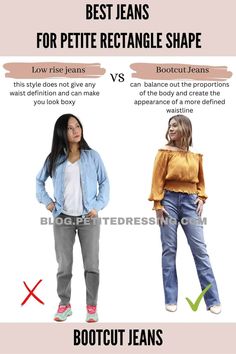 Jeans Style Guide for Petite Rectangle Shape Rectangle Body Shape Jeans Outfit, Outfit For Rectangle Body Shape, Jeans For Rectangle Petite, Jeans For Rectangle Body Shape, Petite Rectangle Body Shape Outfits, Rectangle Body Jeans, Rectangle Body Shape Shorts, Blazer For Men Wedding, Jeans Style Guide