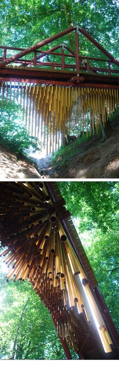 two pictures of a wooden structure in the woods with bamboo sticks hanging from it's sides