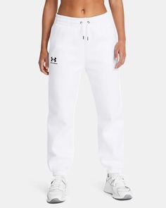 Women's UA Icon Fleece Joggers | Under Armour Sporty White Joggers For Fall, Cozy Activewear With Ribbed Waistband For Sports, White Sweatpants For Sports In Fall, Sporty White Sweatpants For Fall, Comfy Sweats With Ribbed Waistband For Sports, White Fleece Sweats For Sports, Comfortable White Sports Sweats, Sporty Cotton Pants By Under Armour, White Sweatpants For Sports Season