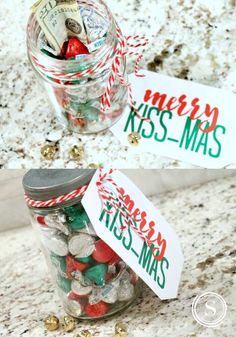 two mason jars filled with candy and money for christmas or new year's eve