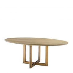 an oval table with gold metal legs and a wooden top, against a white background