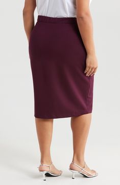 An endlessly wearable skirt is topped with a comfy elastic waist and crafted from smooth stretch ponte. 25" length Elastic waist 60% rayon, 35% nylon, 5% elastane Machine wash, tumble dry Imported Solid Lined Elastane Pencil Skirt, Stretch Solid Color Midi Skirt, Stretch Midi Skirt In Solid Color, Solid Knee-length Elastane Skirt, 4-way Stretch Pencil Skirt, Relaxed Elastane Skirt With Elastic Waistband, Solid Color Elastane Midi Skirt, Flowy Elastane Skirt With Elastic Waistband, Ponte Skirt