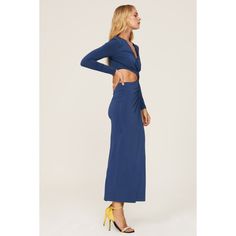 Blue crepe de chine (95% Polyester, 5% Elastane). Lined (95% Polyester, 5% Elastane). Sheath. Long sleeves. V-neck. Pull on. 54" from shoulder to hemline. Imported. Blue V-neck Maxi Dress For Night Out, Blue V-neck Maxi Dress For Date Night, Chic Blue V-neck Midi Dress, Fitted Blue V-neck Dress For Fall, Chic Blue V-neck Dress For Fall, Blue Surplice V-neck Dress For Brunch, Blue V-neck Surplice Dress For Brunch, Chic Blue V-neck Dress For Brunch, Blue Fitted Maxi Dress With Surplice Neckline