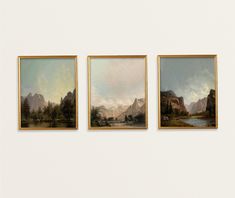 three paintings hanging on the wall next to each other with mountains in the back ground