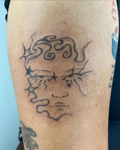 a man's leg with a tattoo on it that has an image of the face of jesus