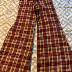 These Are From The 70’s. Excellent Condition! Huge Bell Bottoms. Back In Style! 24” Waist X 32” Inseam. Burgundy/Tan/Green. Snap Closure. Retro Wide-leg Bottoms With Button Closure, Plad Bell Bottom Pants, Green Velvet Bell Bottoms, Vintage Wide Leg Plaid Bottoms, Vintage High Waist Plaid Bottoms, Plaid Wide Leg Pants, 70s Jeans, Vintage Brush, Bell Bottoms