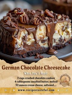 a german chocolate cheesecake with whipped cream and pecans on top is featured in this ad