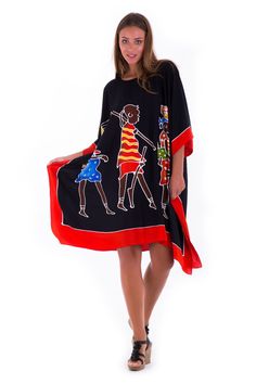 Enjoy this short caftan cover-up. It is ideal for wearing around the house, dressing it up to go out to lunch, or even making a statement on your vacation, or cruise. Easy to wear with endless possibilities. length 38” width 43” Made from 100% soft Rayon Hand-painted design Hand wash in cold water, hang to dry Short Sleeve Black Kimono For Beach, Short Sleeve Poncho For Vacation, Black Short Sleeve Kimono For Beach, Black Short Sleeve Beach Kimono, Black Poncho For Vacation, Multicolor Short Sleeve Tunic For Beachwear, Multicolor Short Sleeve Beachwear Tunic, Beachwear Kaftan With Short Sleeve And Relaxed Fit, Beachwear Kaftan With Short Sleeves In Relaxed Fit