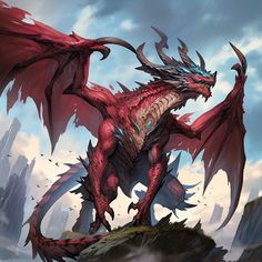 a red dragon standing on top of a hill