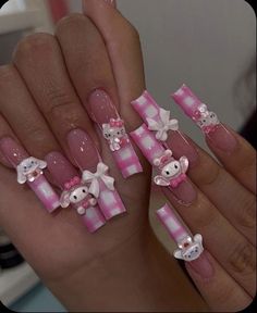 Hello Kitty Header, Painted Nails, Inspired Nails, Cute Acrylic Nail Designs, Hello Kitty Nails, Nails Set, Really Cute Nails