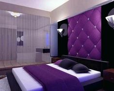 a purple and black bedroom with white walls