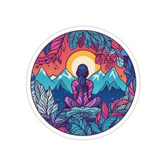 a round sticker with an image of a woman in the middle of trees and mountains