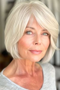 Layered Bob Hairstyle for Women Over 60 with Fine Hair. Claire Hair, Feminine Hairstyles, Grey Blonde Hair, Mom Hair, Fine Straight Hair, Hairstyles For Women Over 60, Over 60 Hairstyles, Stunning Hairstyles