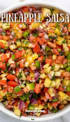 pineapple salsa in a white bowl with the title above it