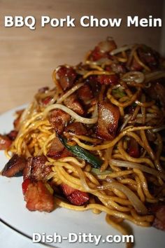 the plate is full of noodles and meats with bacon on top, along with text that reads bbq pork chow mein