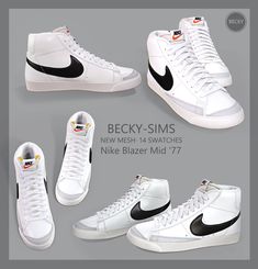 four different styles of white sneakers with black and orange logos on them, including the nike blazer mid