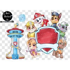 the paw patrol cartoon character is holding a red shield and surrounded by other characters, including a