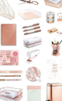 pink and gold office supplies are arranged on top of each other, including notebooks, pens, pencils, paper clips, scissors