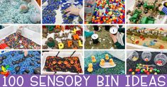 a collage of different activities for children to play with