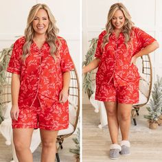 Tis' the season to be jolly! This adorable pajama top has a bold red color with a festive pattern that is just in time for the season! The comfy, figure flattering fit is perfect for lounging around! Throw on some matching bottoms and sip some eggnog in this cutie! 65% Cotton, 25% Polyester, 10% Spandex The Comfy, Model Fits, Pajama Top, Just In Time, Tis The Season, In Time, Red Color, Pajamas, Cover Up