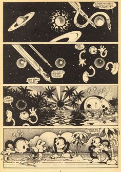 an old comic strip with cartoon characters in space and planets on the page, as well as