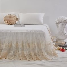 PRICES MAY VARY. Material: 100%Cotton high-density fabric linen + quality lace. The lace part is delicate looking but great quality, it will definitely last for long. Full size: 53" *75"*18"inch, split corners, Cream white(1 bed skirt only) Romantic and chic design,simple but elegant, great match with any home decoration! You get what you paid for! Luxurious and elegant, durable quality! Care Instructions: Machine or Hand washable in cold gentle cycle with like colors, tumble dry low heat, remov White Lace Bedding, Lace Bed Skirt, King Bedskirt, Romantic Bed, Bed In Corner, Lace Bedding, Ruffle Bed Skirts, Dust Ruffle, Ruffle Bedding