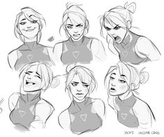 some sketches of different facial expressions for the character, and how they look like them