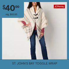 Add cozy texture and warmth to your cold-weather looks with this chic St. John's Bay women's toggle wrap. Made from a soft patterned woven blend, this large wrap comes with a fringed trim and two toggle closures. Wear it over a sweater with jeansScarf Length: 56 InScarf Width: 56 InFiber Content: 100% PolyesterFabric Description: WovenCare: Hand WashCountry of Origin: Imported Cozy Texture, Fashion Scarves, Shrug Sweater, Scarf Styles, Handbag Accessories, Cold Weather, Scarf Wrap, Polyester Fabric, Women Handbags