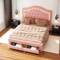 a pink bed with drawers underneath it in a white and brown bedroom, next to a window