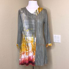 Amazing Tunic Top From Parsley & Sage! 95 Percent Rayon And 5 Percent Lycra Allows For Some Stretch! Approx 29” In Length And 18.5” Across Pit To Pit. Inventory G Multicolor V-neck Tunic For Fall, Spring Yellow Tops With Asymmetrical Hem, Yellow Tops With Asymmetrical Hem For Spring, Multicolor Asymmetrical Top For Spring, Asymmetrical Multicolor Spring Tops, Spring Multicolor Asymmetrical Top, Long Sleeve Orange Tunic For Summer, Multicolor Fitted Long Sleeve Tunic, Fitted Multicolor Long Sleeve Tunic