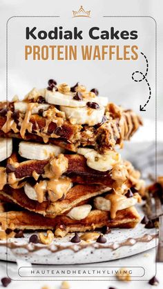 a stack of waffles with chocolate chips and bananas on top is featured in the cover of kodiak cakes protein waffles