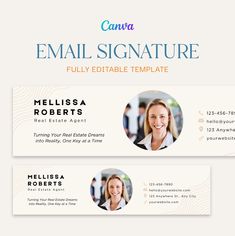 two email signature cards with an image of a smiling woman