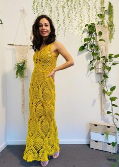 You are my sunshine dress - The dress maker, Agnes uses unique handmade crochet technique and personal design skill, combining with a lot of care and attention to detail. This results in the dress you are seeing now, which is high-qualified and intricated Sunshine Dress, Dress Maker, Yellow Maxi Dress, Yellow Maxi, Maxi Dress Long, Backless Design, My Sunshine, Long Tail, Design Skills