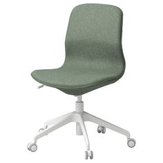 a green office chair with wheels and casteors on an isolated white surface, viewed from the front