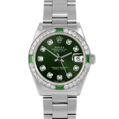 SKU#: 6827-SS-GRN-DIA-AM-4EMD-OYSPre-Owned Rolex 6827 Midsize 31mm Datejust Watch, Custom Green Diamond Dial & Custom Emerald and Diamond Bezel on Rolex Stainless Steel Oyster Band Model#: 6827 Case: Rolex 31mm Stainless Steel Case Movement: Rolex Automatic 2030 Caliber Dial: Custom Green Dial with Diamond Hour Markers (Not Made by Rolex) Bezel: Custom Emerald and Diamond Bezel (Not Made by Rolex) Band: Rolex Stainless Steel Oyster Band This Beautiful Watch Comes Fully Serviced, Polished, Time-T Luxury Green Watch Accessories With Date Display, Green Watch With Subdials, Formal Green Watch Accessories With Date Indicator, Green Automatic Watches, Classic Green Watch With Date Indicator, Timeless Green Watch With Date Display, Timeless Green Watch Accessories With Date Display, Green Timeless Watch Accessories With Date Display, Green Chronograph Round Watch