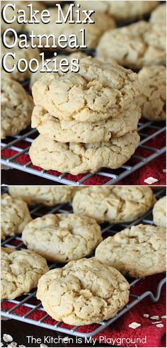 two pictures of cookies stacked on top of each other with the words cake mix oatmeal cookies