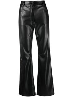 jet black faux leather mid-rise logo patch to the rear concealed fly and button fastening two rounded pockets to the sides two rear patch pockets straight leg Trendy Straight Pants For Workwear, Trendy Leather Bottoms With Five Pockets, Sleek Straight Leg Leather Work Pants, Sleek Straight Leg Leather Pants For Work, Trendy Leather Pants For Office, Chic Straight Pants With Belt Loops, Leather Bottoms With Straight Hem For Fall, Modern Faux Leather Straight Leg Bottoms, Luxury Leather Bottoms For Office