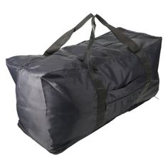 a large black duffel bag sitting on top of a white floor