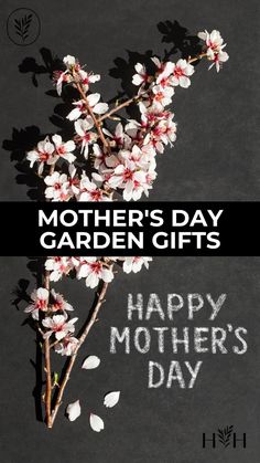 the words mother's day garden gifts written in white chalk on a black background