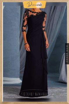 Women's Dresses Lace Panel Crew Neck Mid Sleeve Party Dress Fitted Chiffon Evening Dress For Banquet, Fitted Chiffon Gown For Evening, Chiffon Dresses For Formal Party Season, Chiffon Maxi Dress For Evening Party Season, Long Sleeve Evening Mother Of The Bride Dress, Fitted Mother Of The Bride Dress For Banquet, Dressy Long Sleeve Banquet Dress, Long Sleeve Chiffon Evening Dress For Party, Formal Chiffon Dressy Dress