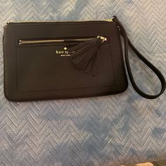 New Leather Wristlet Is Black With Gold Lettering. Classic Kate Offers Accepted Or Countered! Leather Travel Wallet, Gold Lettering, Leather Card Case, Large Wallet, Coin Bag, Black Wallet, Kate Spade Wallet, Zip Wallet, Leather Travel