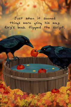 Funny bird comic of crows playing an apple bobbing game. Bobbing For Apples, Fall Events, Flocking, Holiday Cards, Birds, Halloween, Memes