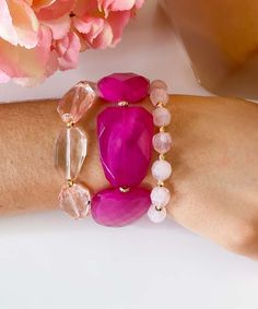 Introducing our Drift Away Acrylic Beaded Bracelets in fuchsia - a stunning accessory that is sure to add a pop of color to any outfit. This 3-piece set is made of high-quality acrylic and glass beads that are both durable and stylish.
The bracelets are designed with stretchable elastic, ensuring a comfortable fit for all wrist sizes. The fuchsia color adds a bold and vibrant touch to your outfit, making it perfect for any summer occasion.
Wear these bracelets as a set or mix and match with othe Pink Crystal Bracelet With Faceted Beads For Party, Elegant Pink Beaded Bracelets For Beach, Elegant Pink Beaded Bracelets For Summer, Pink Faceted Beads Bracelets For Party, Pink Bohemian Bracelets With Faceted Beads, Trendy Pink Stretch Bracelet With Faceted Beads, Trendy Pink Bracelet With Faceted Beads, Elegant Pink Bracelets For Beach, Pink Stretch Bracelet With Colorful Beads For Party