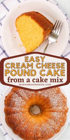 an easy cream cheese pound cake from a cake mix on a plate with a fork