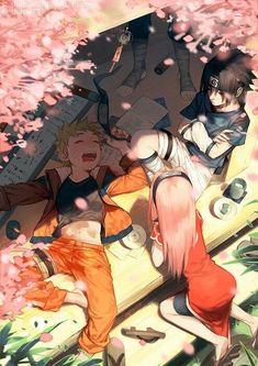 an anime scene with two people laying on the ground and one person standing in front of them