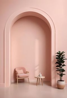 a pink room with an arch, chair and potted plant