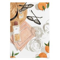 an illustration of oranges and glasses on a table