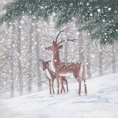 two deer standing in the snow next to a forest filled with trees and snowflakes