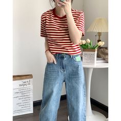 Casual Horizontal Red Striped Tee Material:  Cotton Size: M, L Color: Red, Occasion: Outdoor, Daily, Vacation Red Striped Shirt Outfit, Striped Tshirt Outfits, Outfits With Striped Shirts, Striped Tshirt, Red Striped Shirt, Breathable Clothes, White Graphic Tee, Oversized Graphic Tee, Clothes Pictures