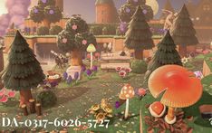 an image of a mushroom land with trees and flowers